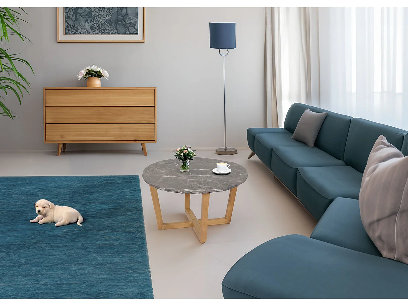 Couchtisch MCW-M61, Beistelltisch Sofatisch, Massiv-Holz HDF Laminat Melamin Ø80cm, Marmor/Stein-Optik, helles Gestell