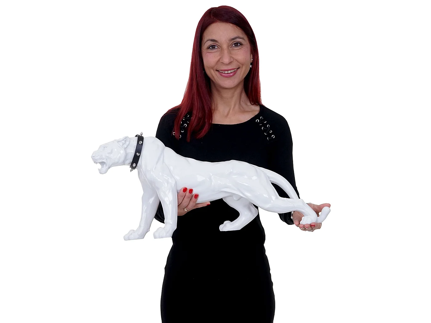 Pantera decorativa com coleira,  branco alto brilho com coleira