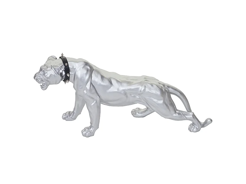 Figurita decorativa pantera con collar,  plata mate con collar