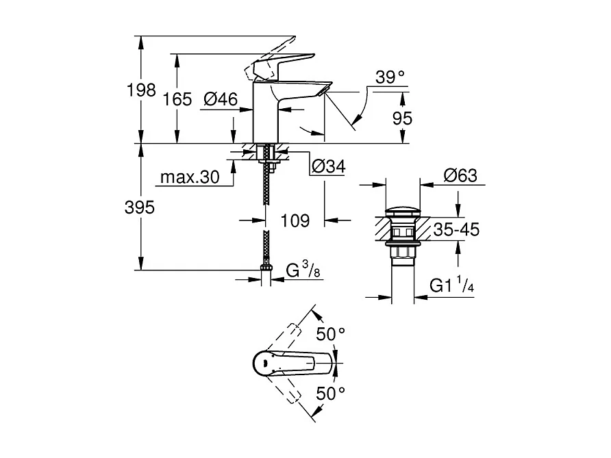 Mitigeur monocommande lavabo - GROHE Start - 235502432 - Noir mat - Taille S - Bec standard - Economie d'eau