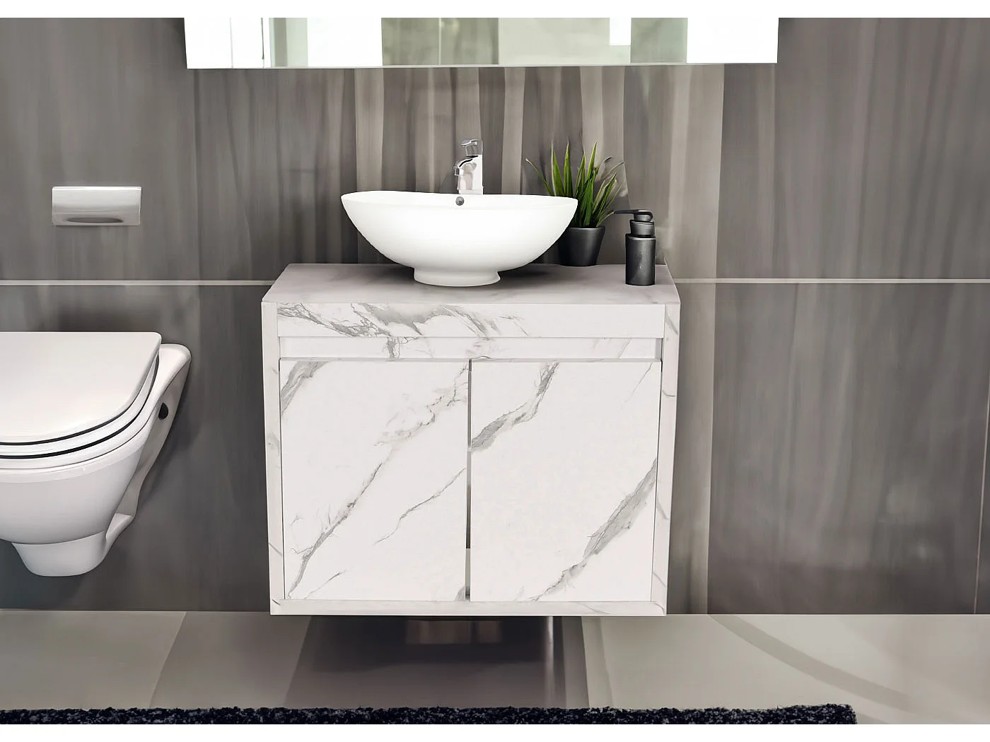 Meuble sous-lavabo MCW-L86,  aspect marbre blanc