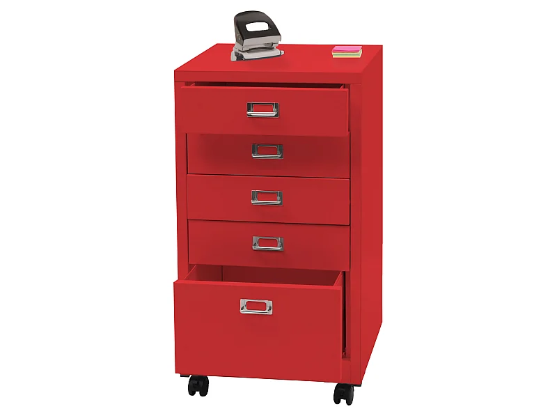 Cassettiera armadietto ufficio con ruote MCW-L49 acciaio 5 cassetti 75x40x41cm rosso