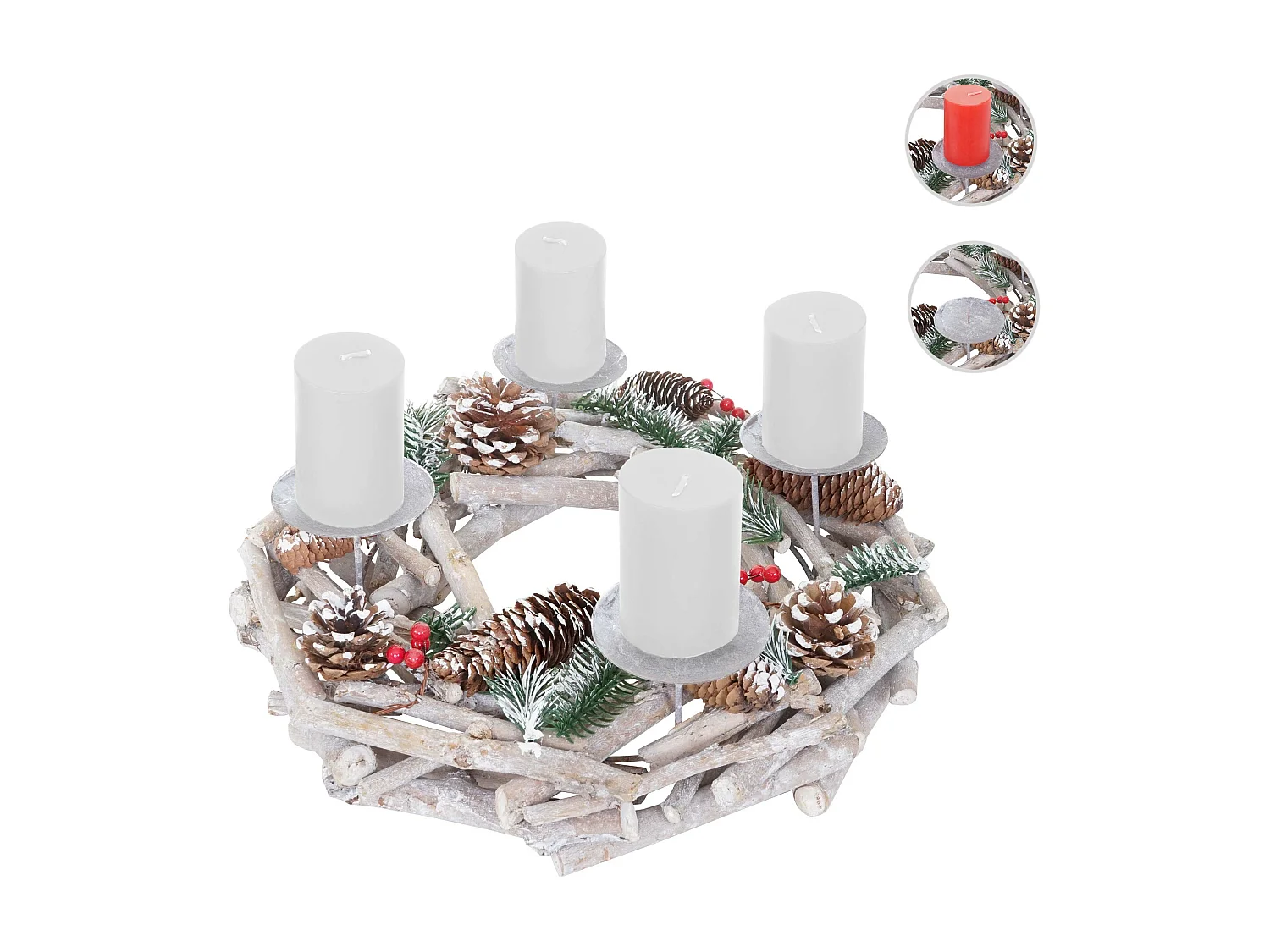 Couronne de l'Avent ronde en bois bougies blanches,  bougies blanches