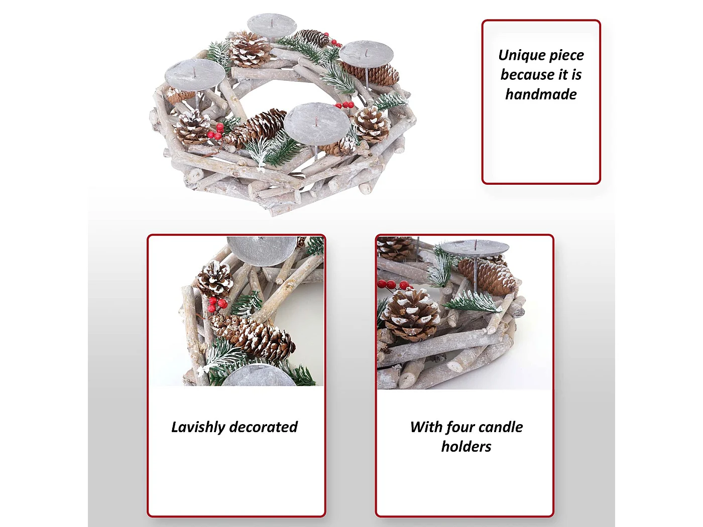 Couronne de l'Avent ronde en bois bougies blanches,  bougies blanches