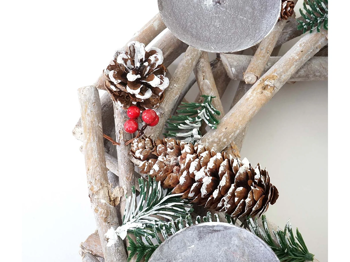 Couronne de l'Avent ronde en bois bougies blanches,  bougies blanches