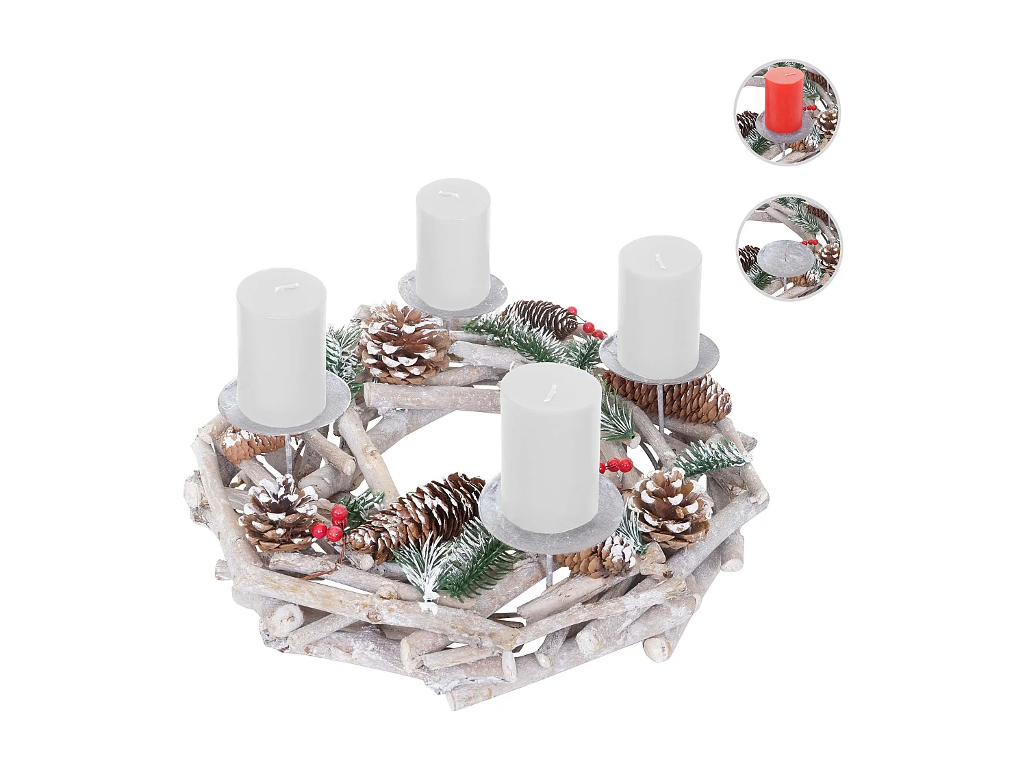 Couronne de l'Avent ronde en bois bougies blanches,  bougies blanches