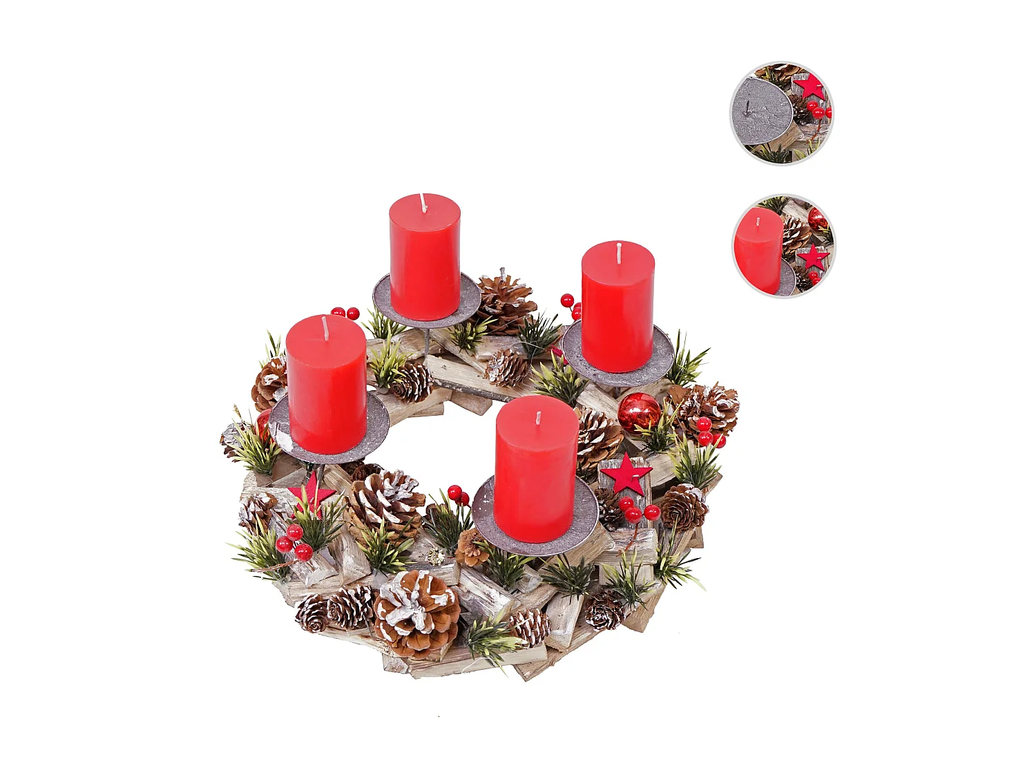 Coroa do Advento MCW-H50 Madeira com velas vermelhas,  inclui 4 velas vermelhas