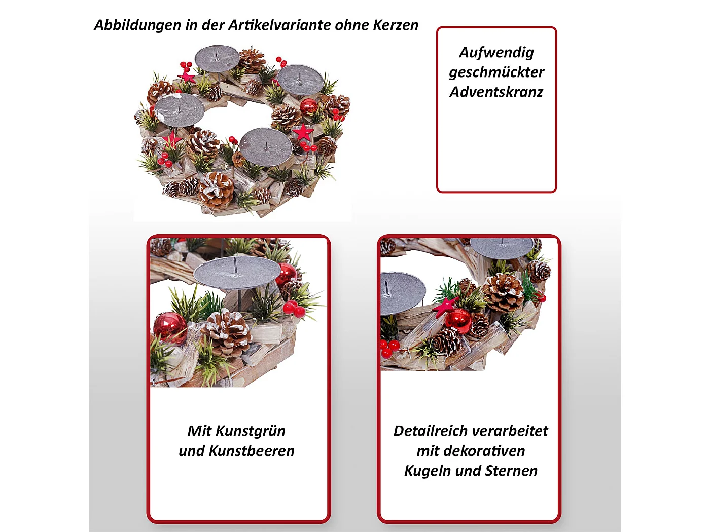 Coroa do Advento MCW-H50 Madeira com velas vermelhas,  inclui 4 velas vermelhas