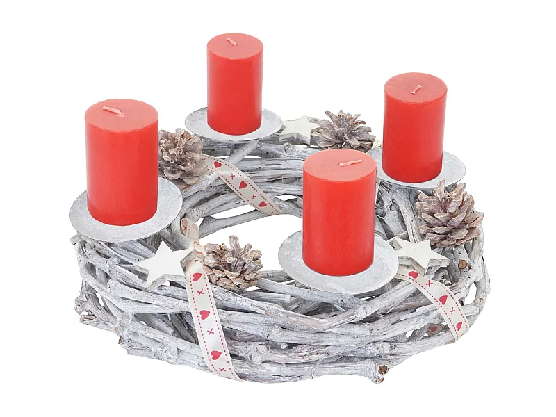 Couronne de l'avent en bois Ø 30cm avec bougies rouge,  avec des bougies, rouge