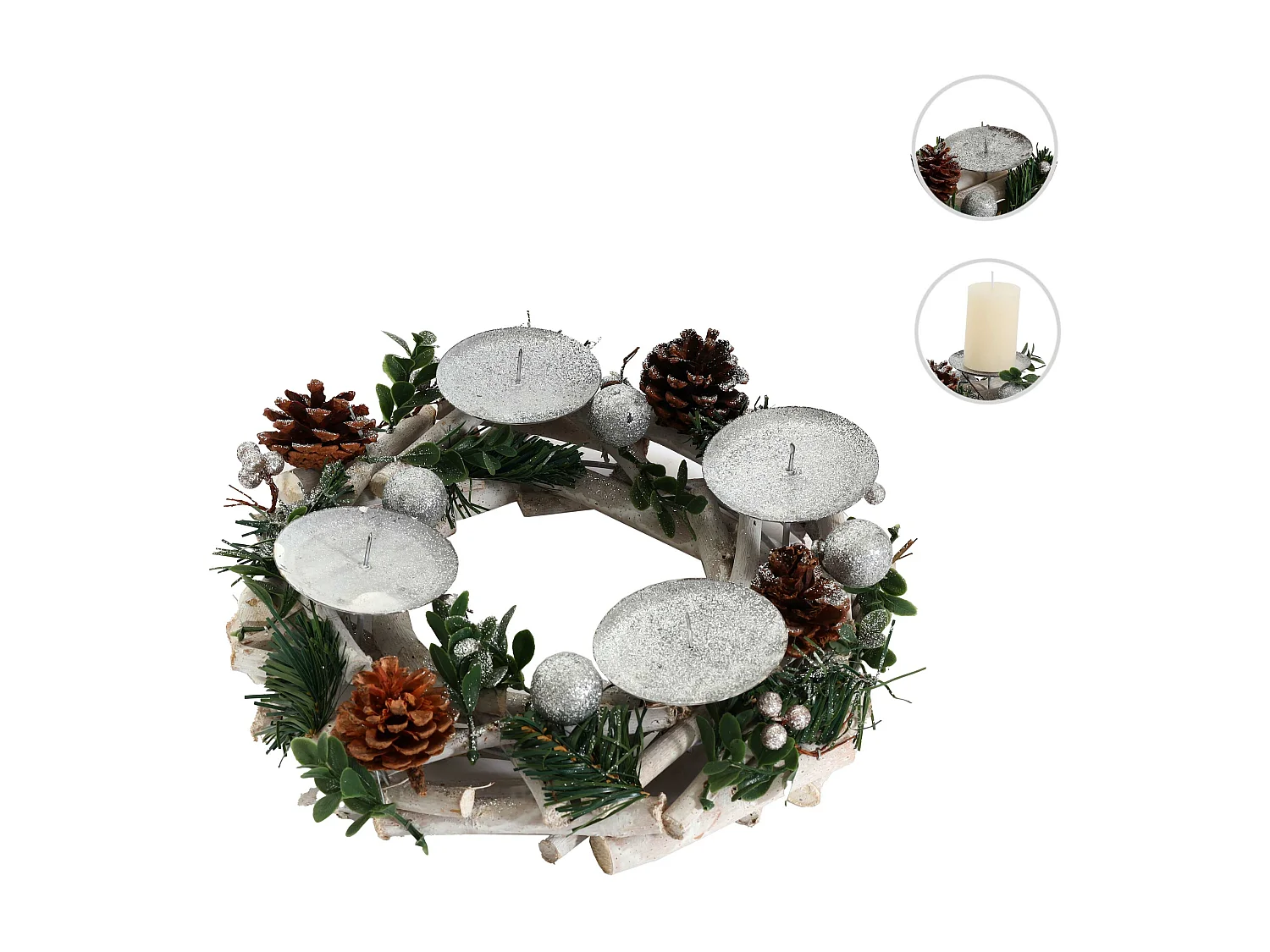 Portacandele natalizio avvento Natale MCW-M12 legno bianco argento ~ circolare senza candele