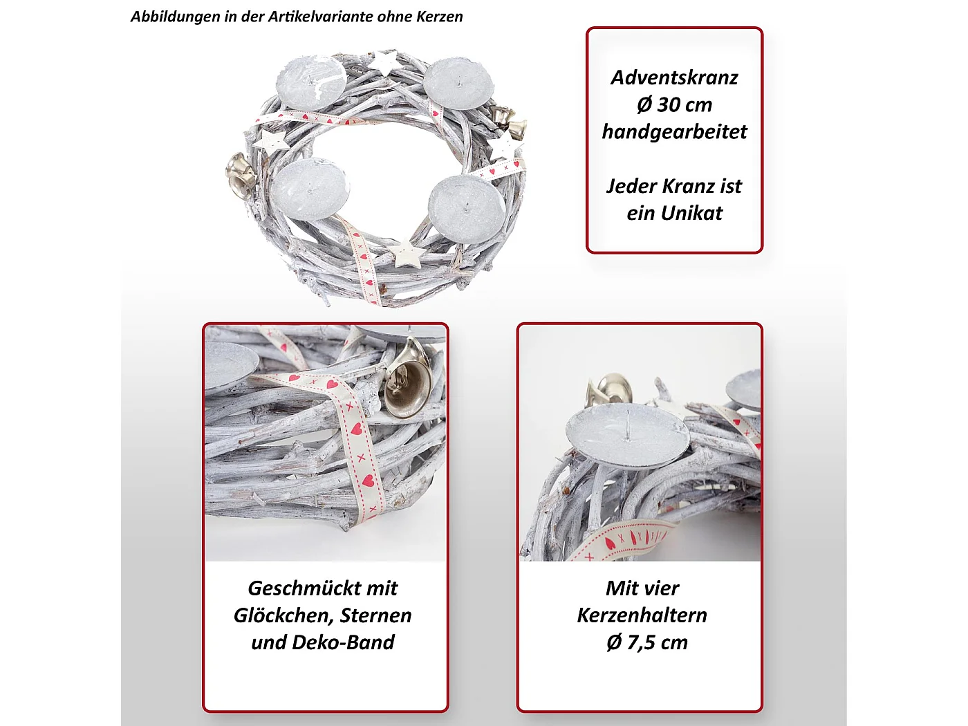 Couronne de l'avent en bois Ø 30cm avec bougies rouge,  bougies blanches