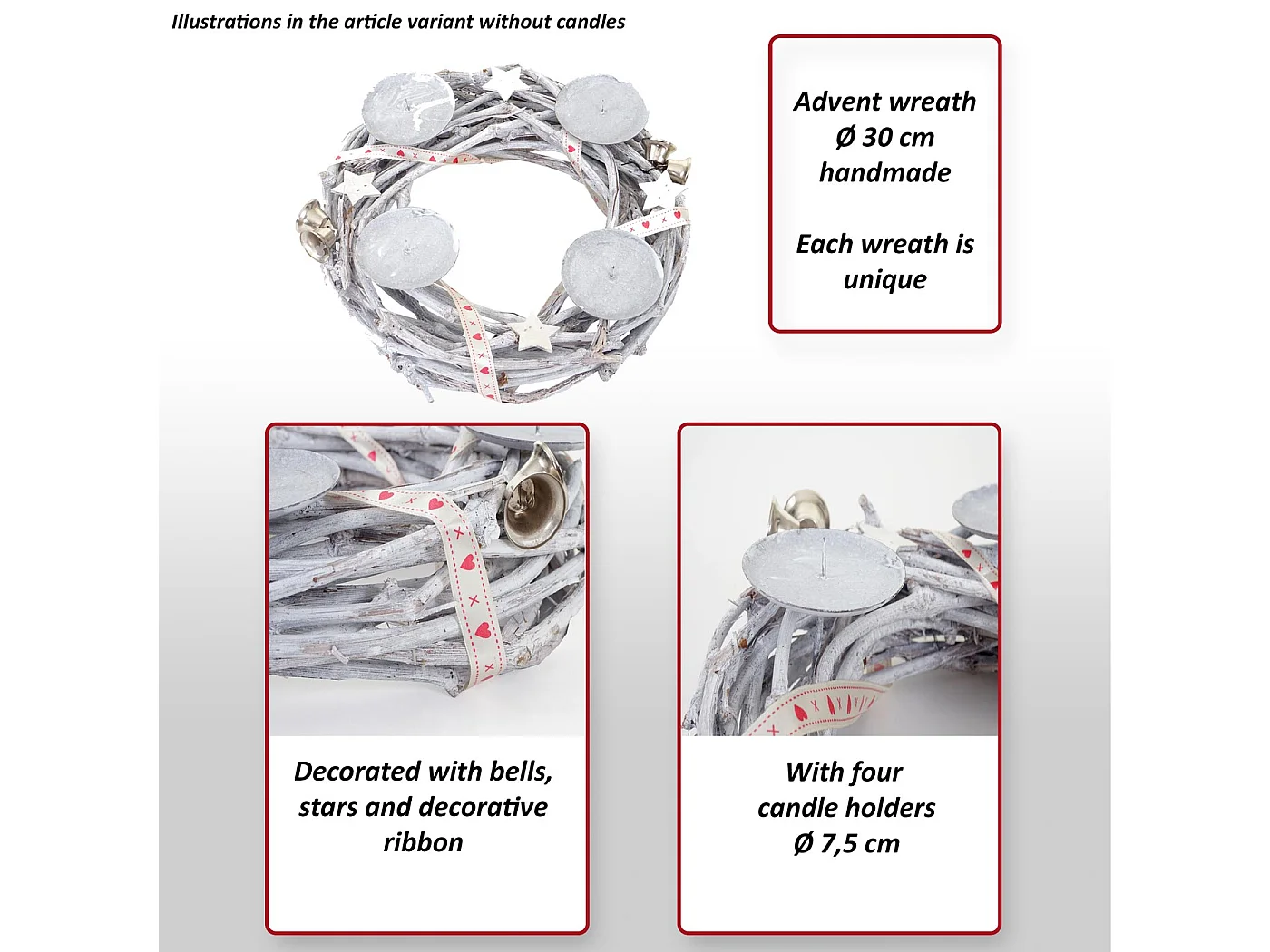 Couronne de l'avent en bois Ø 30cm avec bougies rouge,  bougies blanches