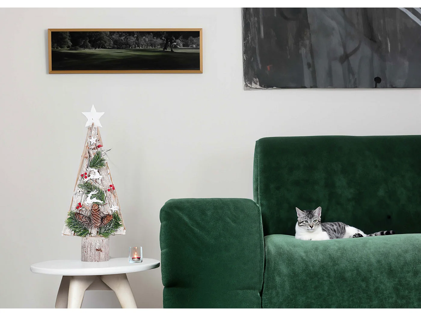 Albero di natale decorativo MCW-M16 con addobi natalizi legno 57x23x10cm