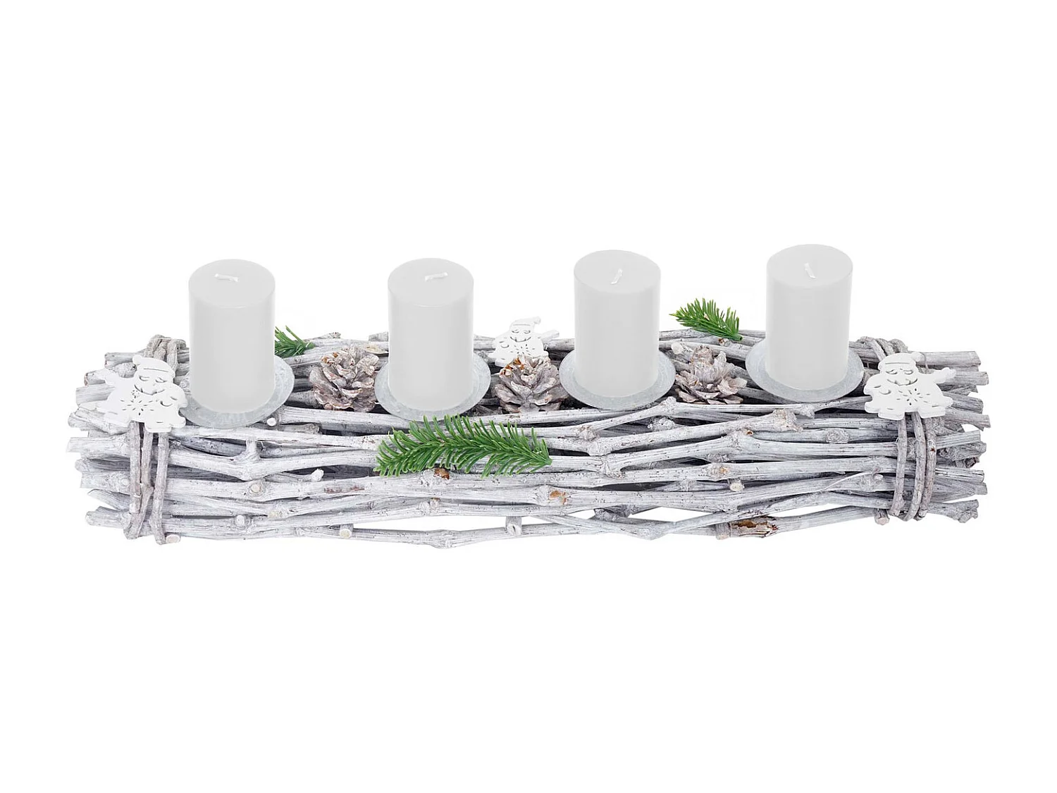 Adventkrans, aflang, træ, hvide stearinlys,  med stearinlys, hvid