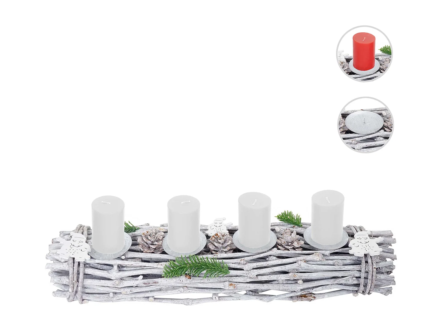 Adventkrans, aflang, træ, hvide stearinlys,  med stearinlys, hvid