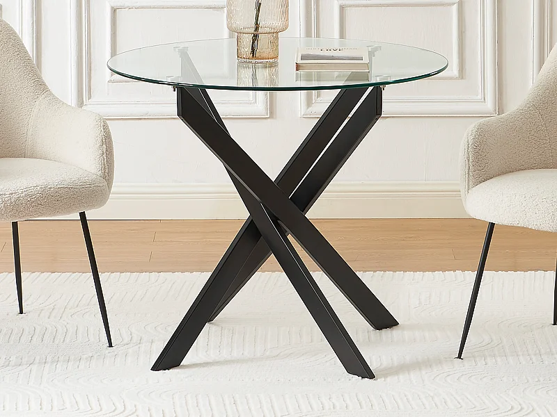 Table à manger ronde 2 personnes en verre trempé et métal noir - Transparent - COSIMA