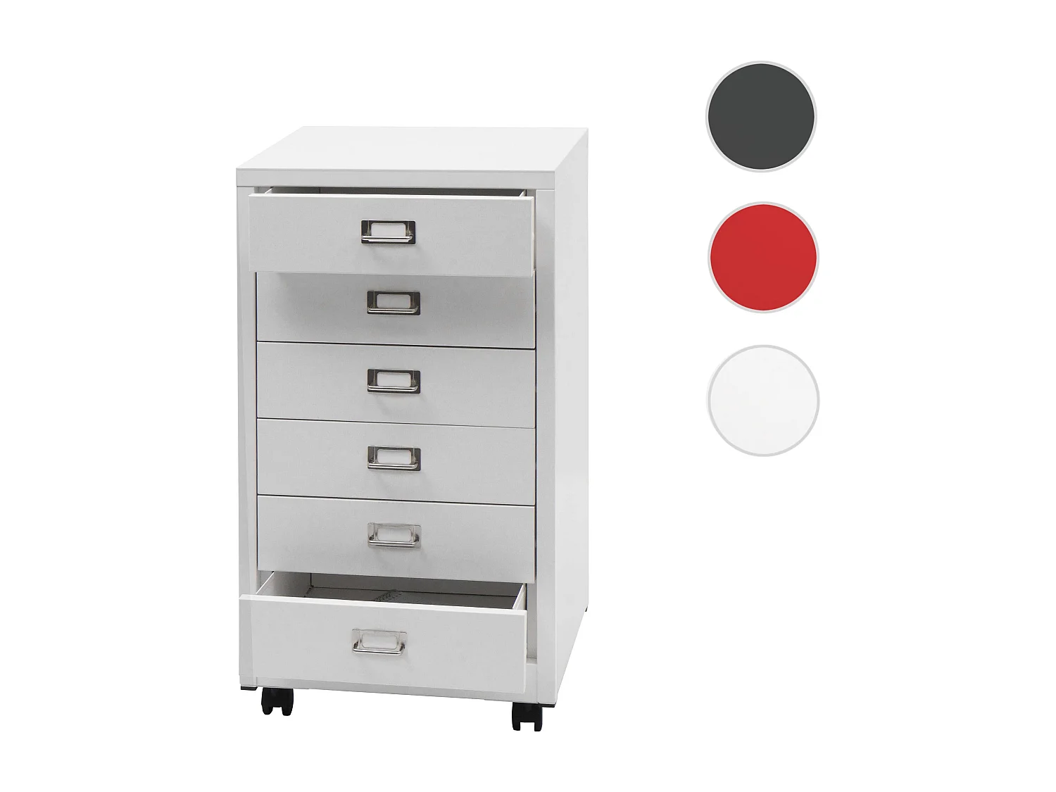 Cassettiera armadietto ufficio con ruote MCW-L49 acciaio 6 cassetti 75x40x41cm bianco