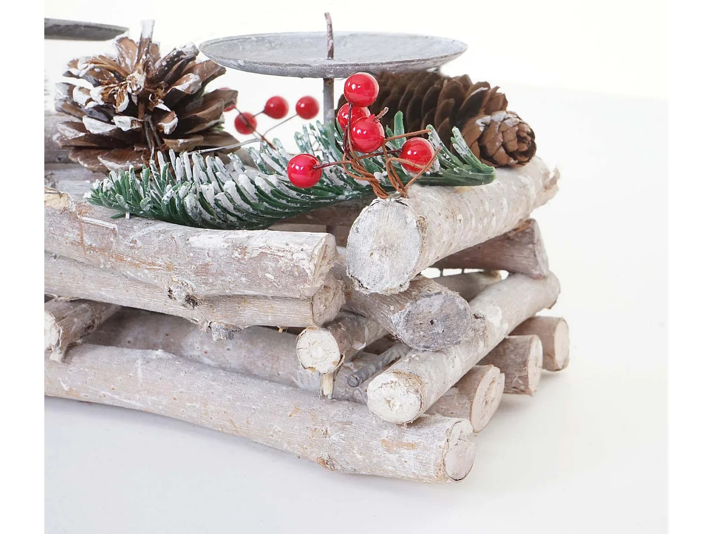 Couronne de l'Avent allongée bois bougies blanches,  avec bougies blanches