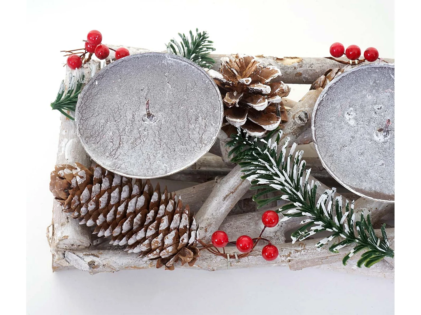 Couronne de l'Avent allongée bois bougies blanches,  avec bougies blanches