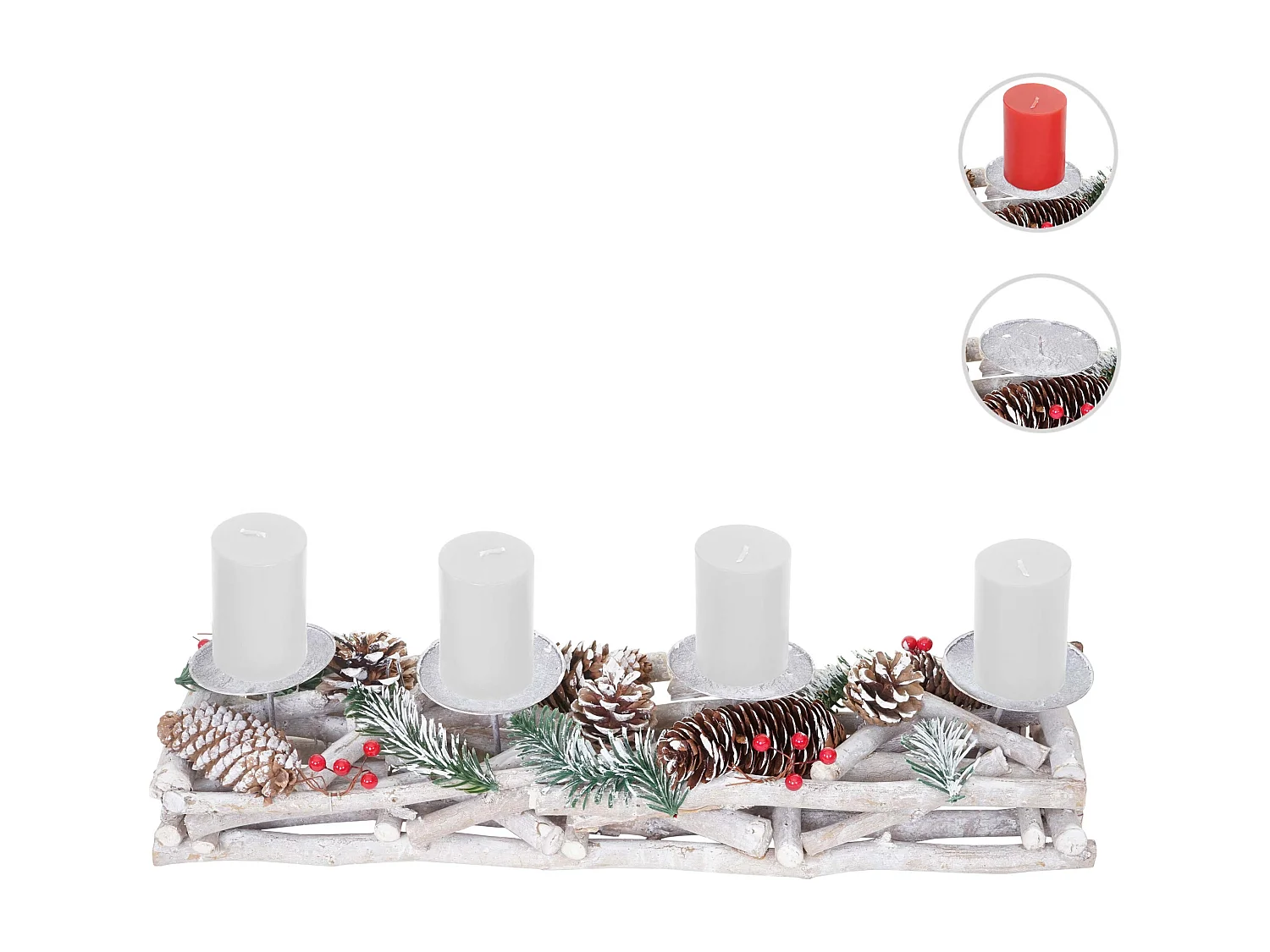 Couronne de l'Avent allongée bois bougies blanches,  avec bougies blanches