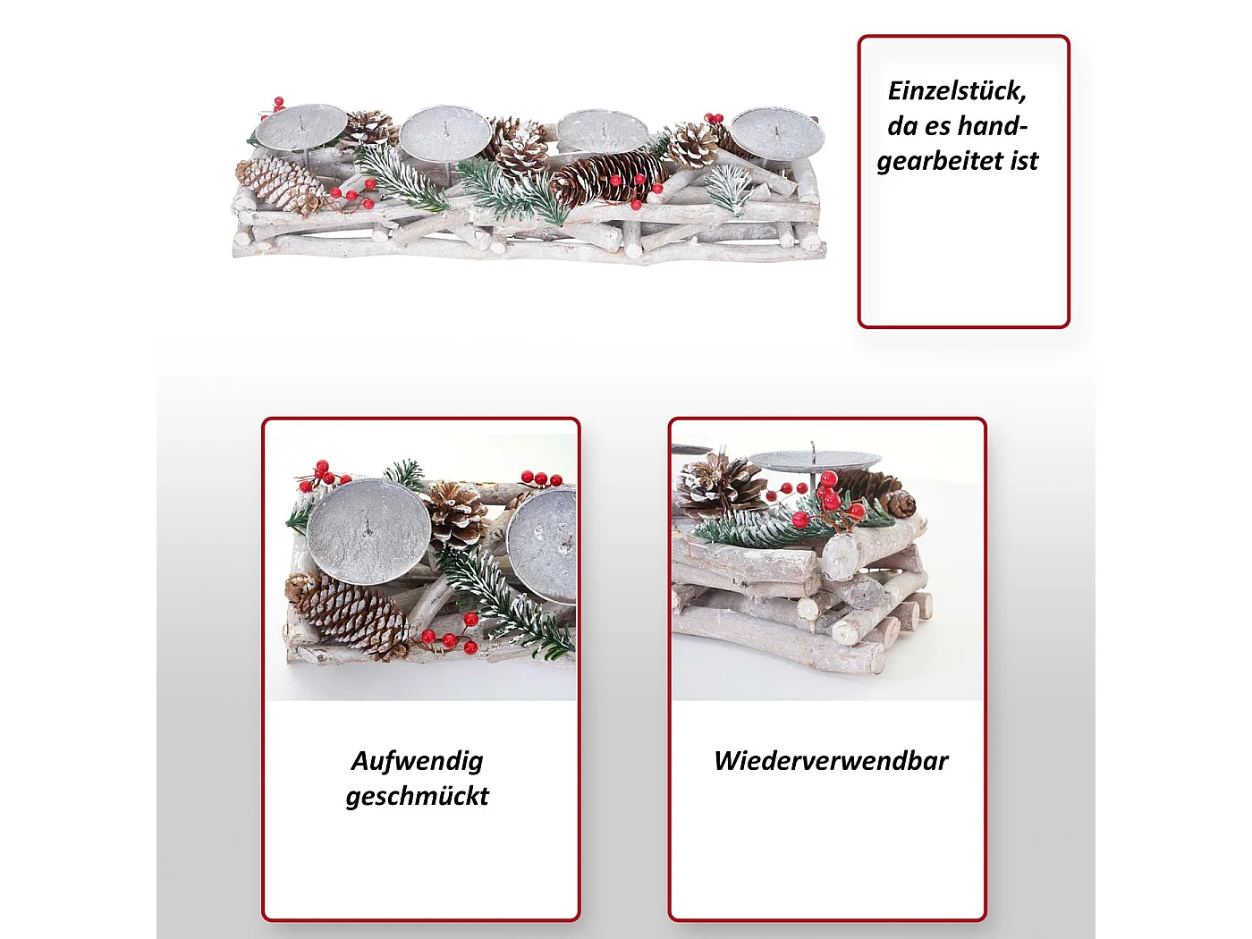 Couronne de l'Avent allongée bois bougies blanches,  avec bougies blanches