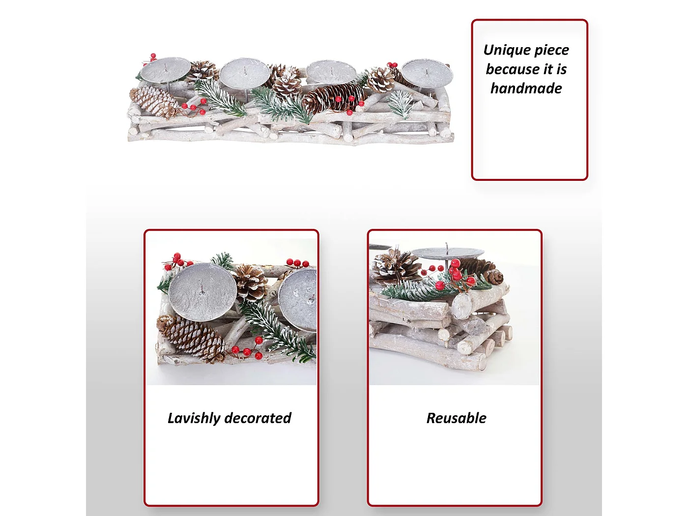 Couronne de l'Avent allongée bois bougies blanches,  avec bougies blanches