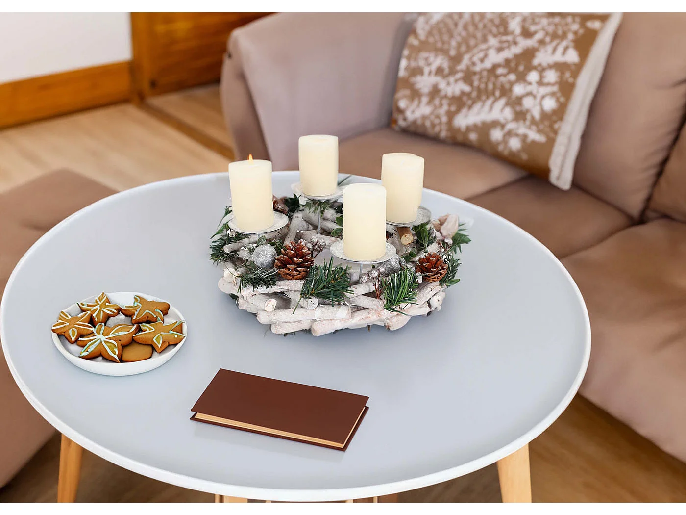 Portacandele natalizio avvento Natale MCW-M12 legno bianco argento ~ circolare con candele