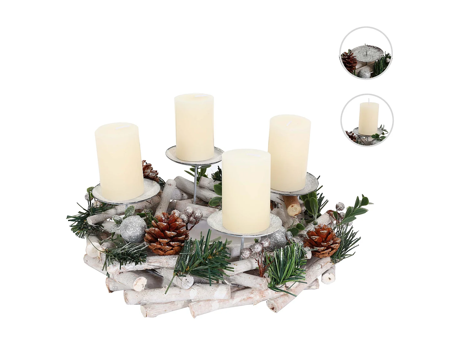 Portacandele natalizio avvento Natale MCW-M12 legno bianco argento ~ circolare con candele
