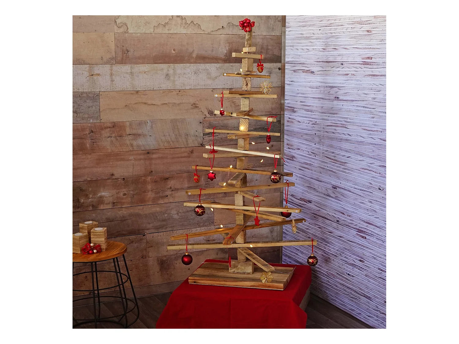 Sapin de Noël décoratif MCW-H77, Sapin de Noel décoratif MCW-H77, arbre de Noel 3D, aspect shabby, bois de sapin réglable 130x82x82cm