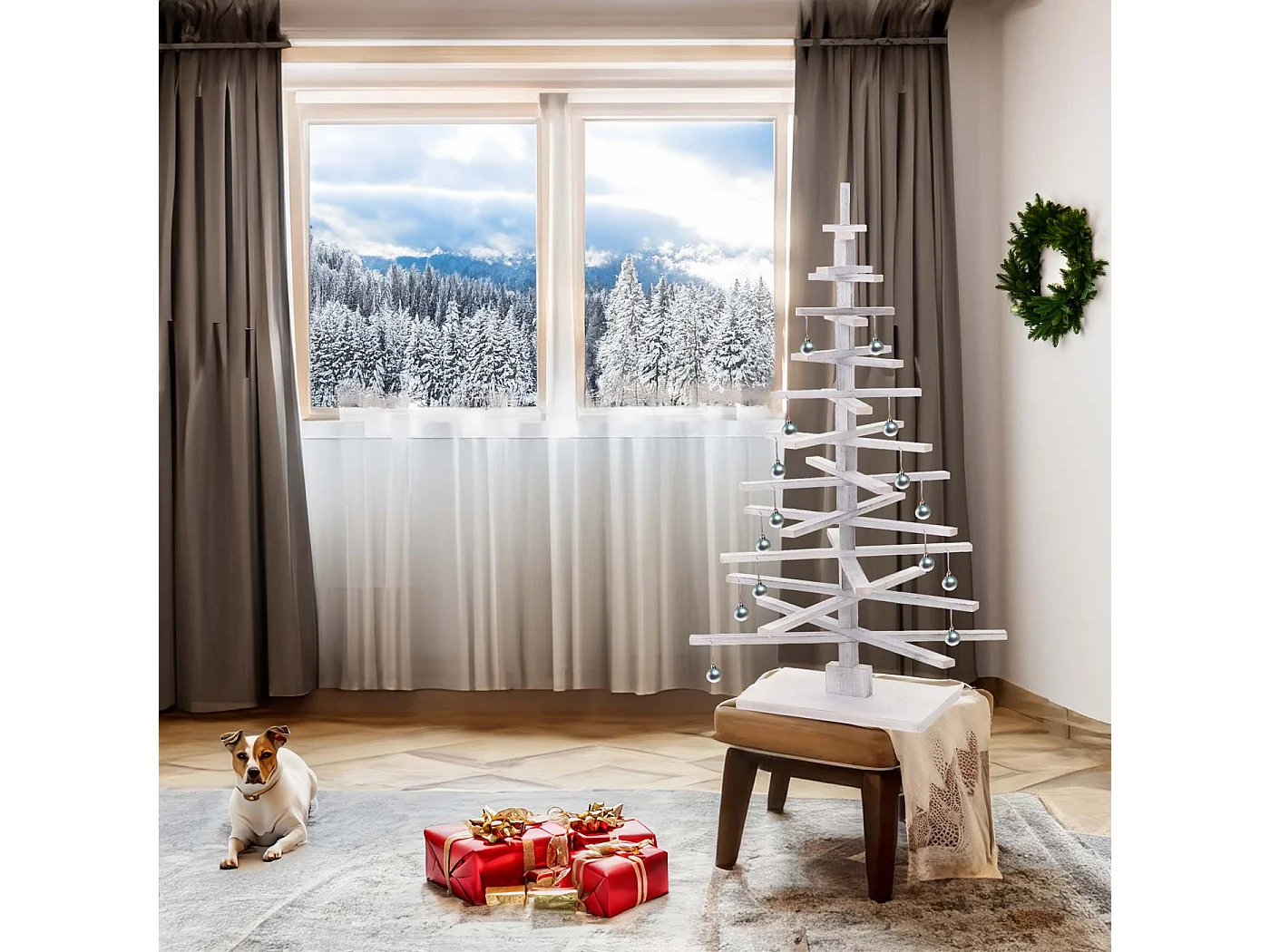 Sapin de Noël décoratif MCW-H77, Sapin de Noel décoratif MCW-H77, arbre de Noel 3D, aspect shabby, bois de sapin réglable 130x82x82cm