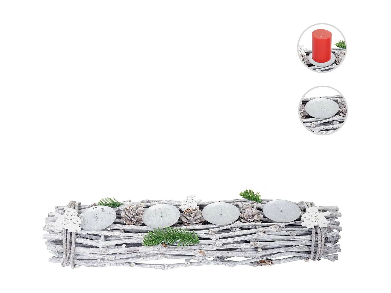 Couronne de l'Avent oblongue bougies bois rouge, Couronne de l'Avent, oblongue, décoration de Noël, composition de l'Avent, bois, 60x16x9cm blanc/gris