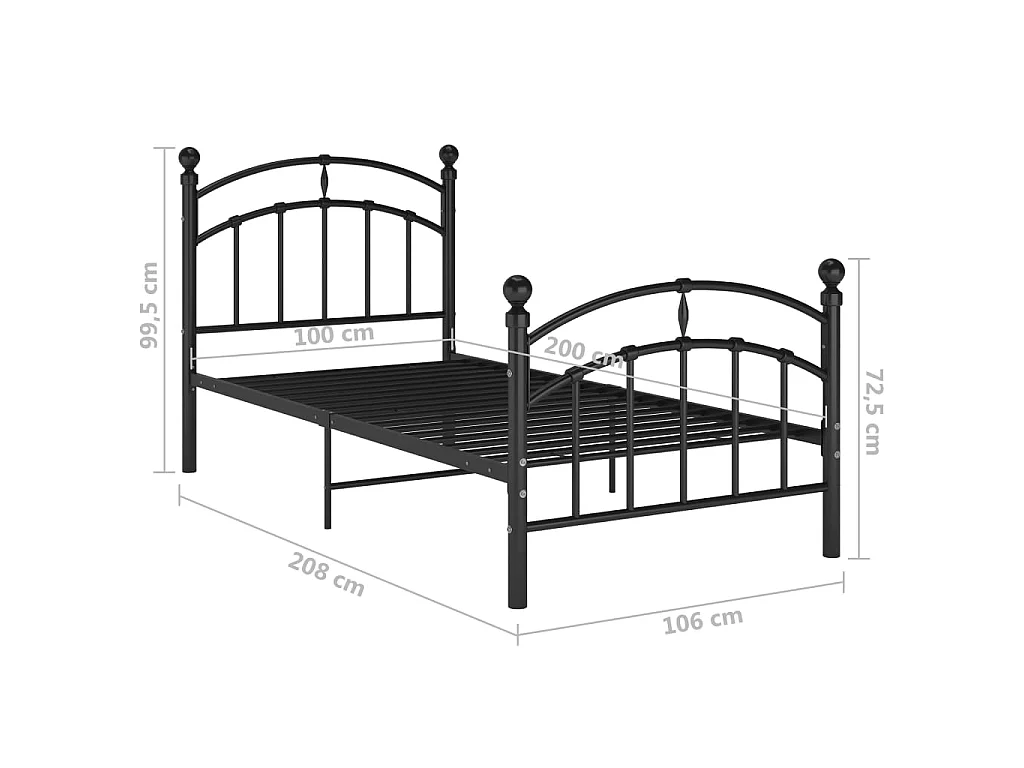 Lit noir Métal 100x200 tête de lit arrondie Ronda