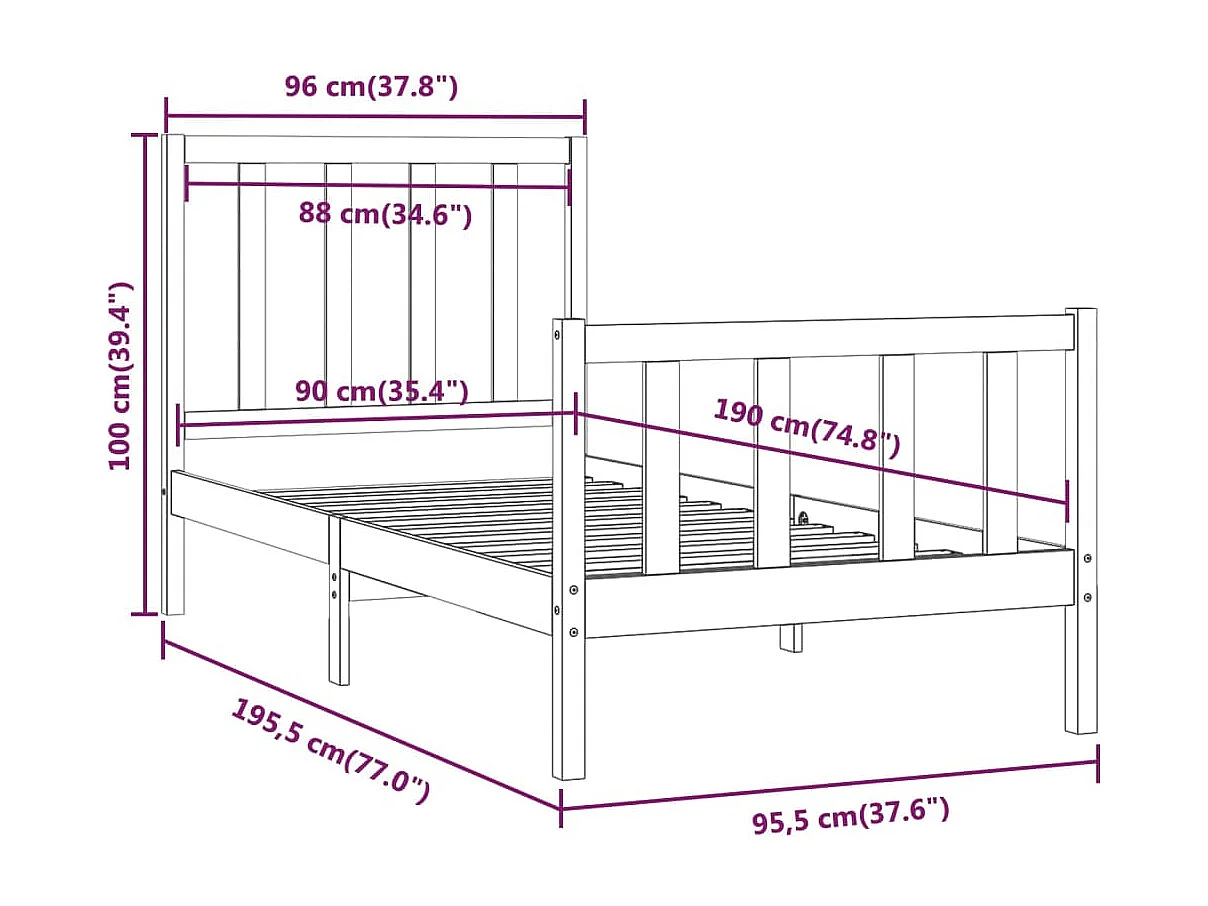 Lit Noir Bois massif 90x190 Simple 8