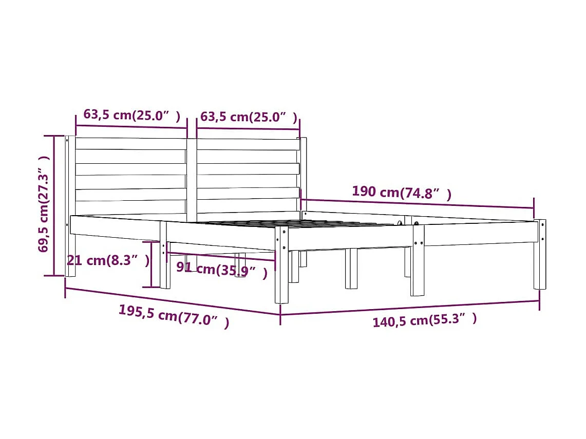 Lit Bois de pin massif 135x190 Double