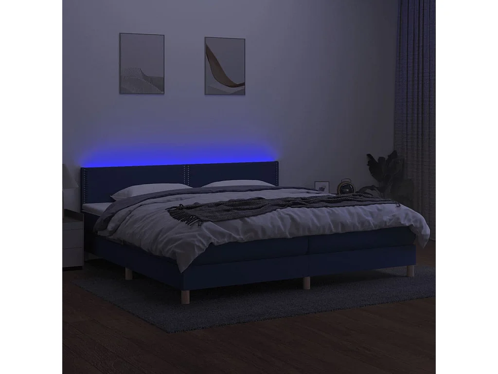 Lit à sommier tapissier et matelas et LED Bleu 200x200 Tissu