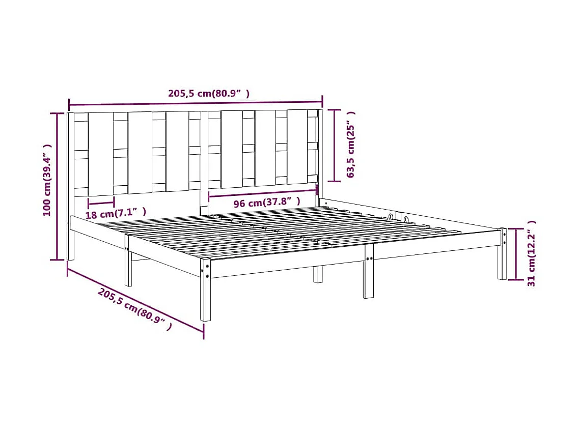 Lit Noir Bois de pin massif 200x200 5