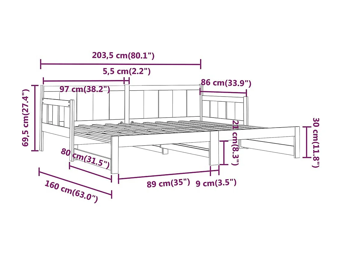 Lit coulissant Noir Bois de pin solide 2x(80x200) cm