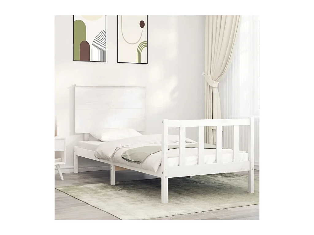 Lit avec tête de lit blanc simple bois massif