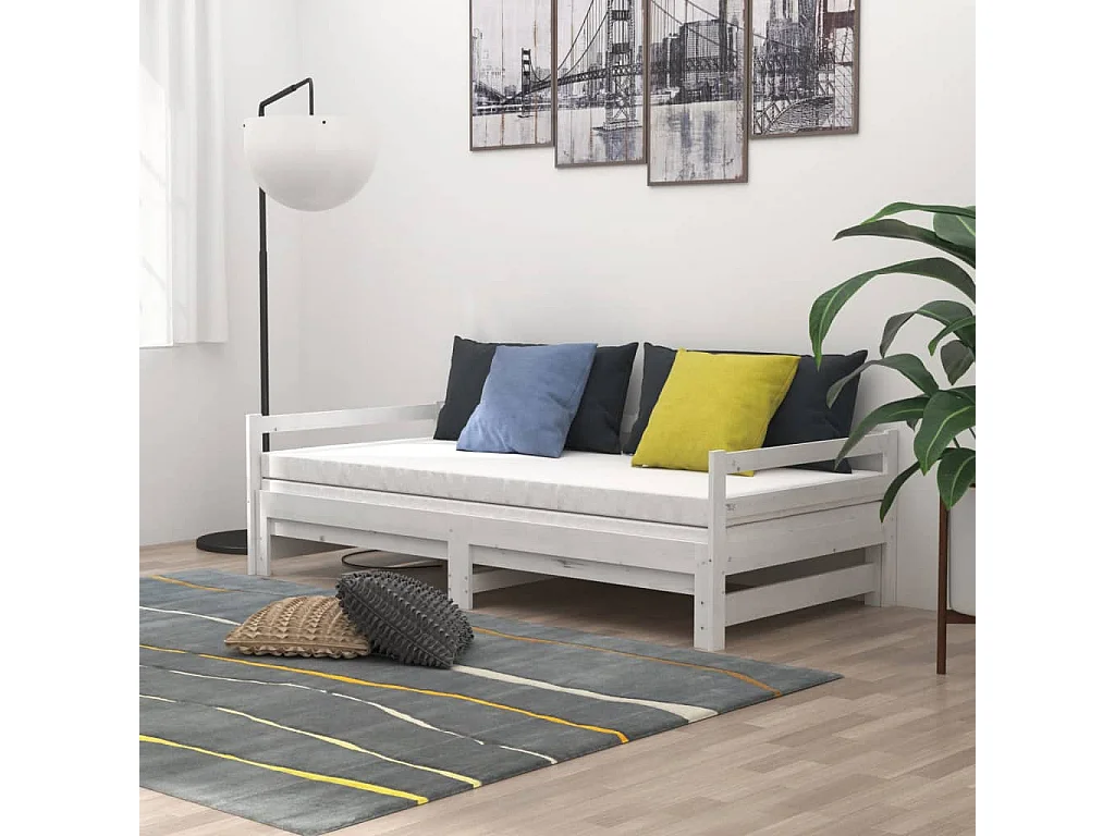 Lit coulissant 2x(90x200) cm Blanc Bois de pin massif 8