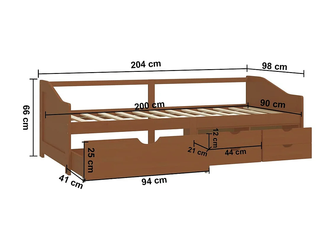 Lit de repos 3 places à tiroirs Marron miel Pin 90x200