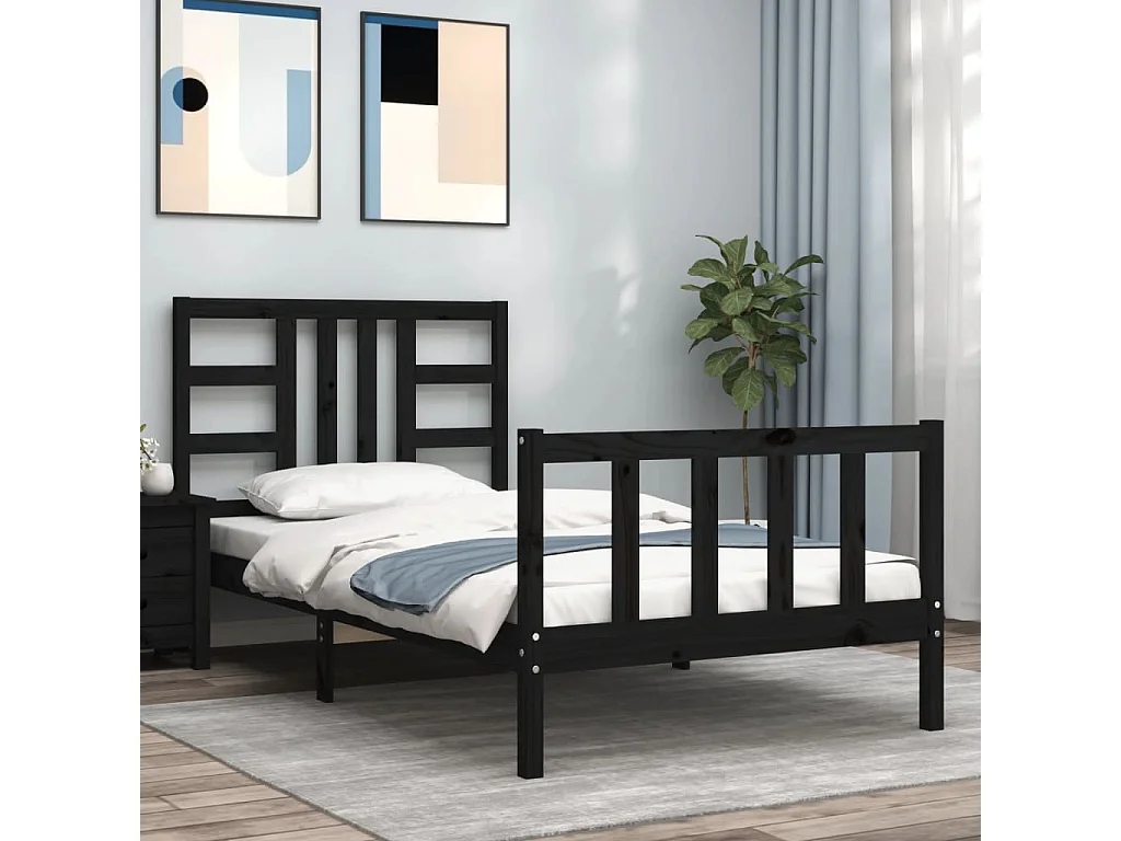 Lit avec tête de lit noir 90x190 bois massif