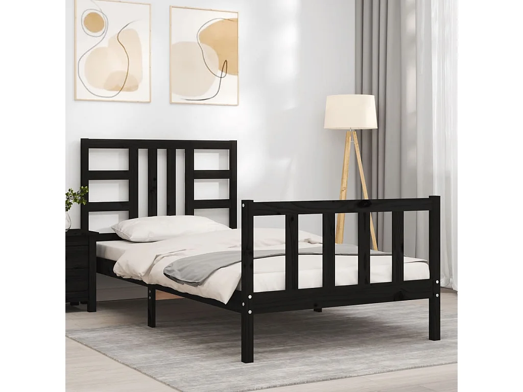 Lit avec tête de lit noir 90x190 bois massif