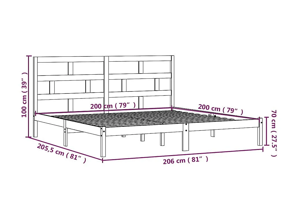 Lit Noir Bois de pin massif 200x200 6