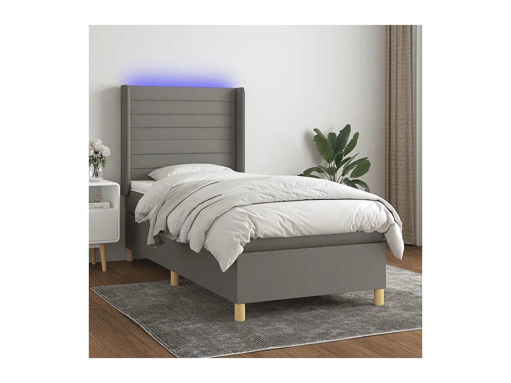 Cama box spring colchón y luces LED tela gris oscuro 80x200 cm