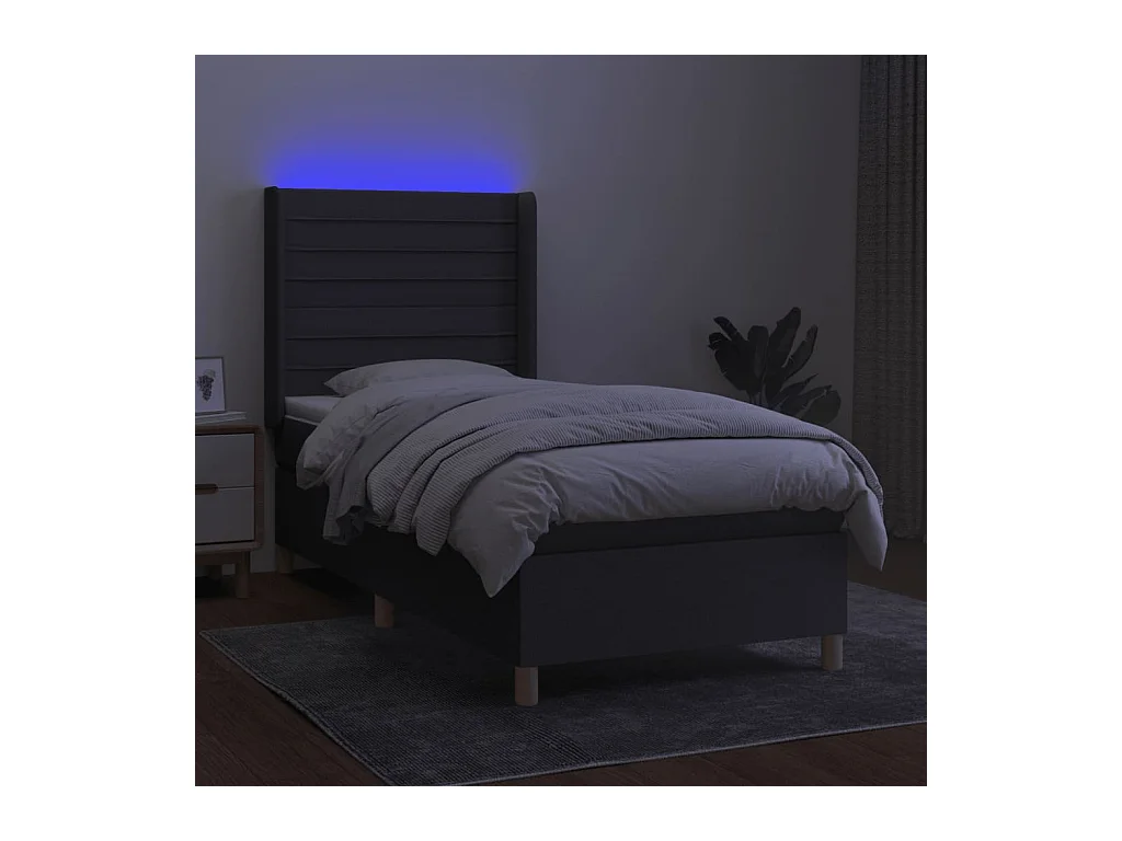 Cama box spring colchón y luces LED tela gris oscuro 80x200 cm