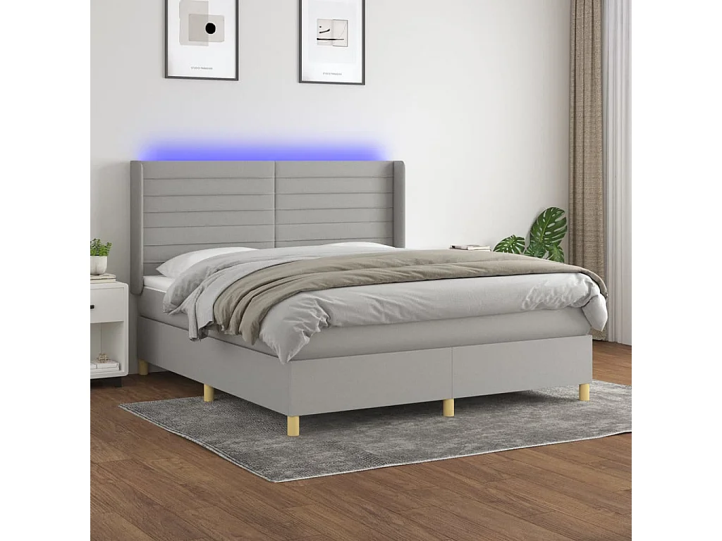 Lit à sommier tapissier matelas et LED Gris clair 160x200 Tissu