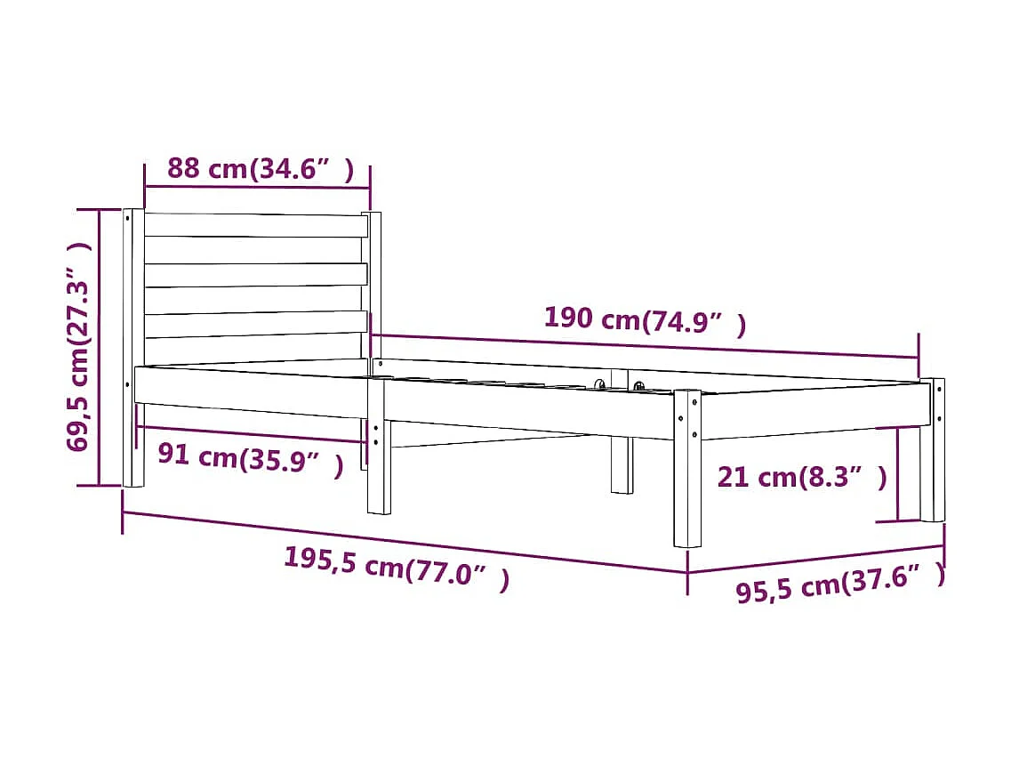 Lit Bois de pin massif 90x190 Blanc simple
