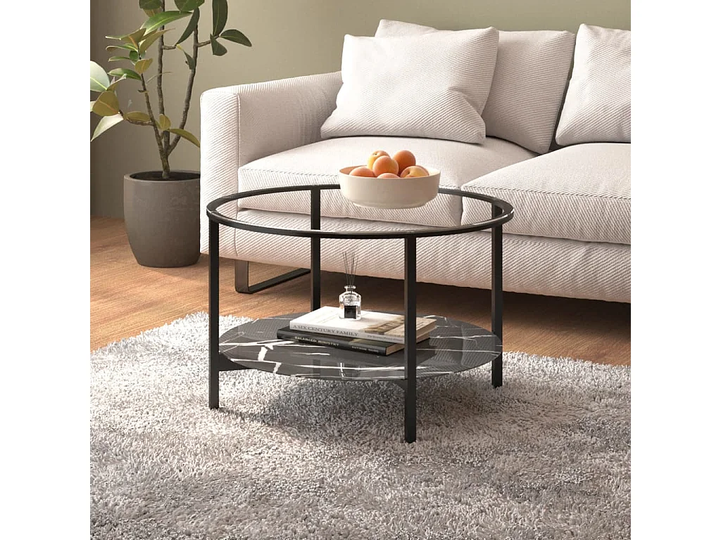 Table à thé Noir et marbre noir 70cm Verre trempé