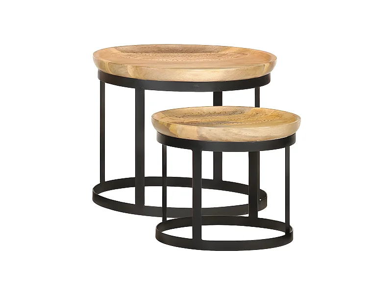 Set de 2 tables d'appoint manguier massif clair et pieds métal noir Kish