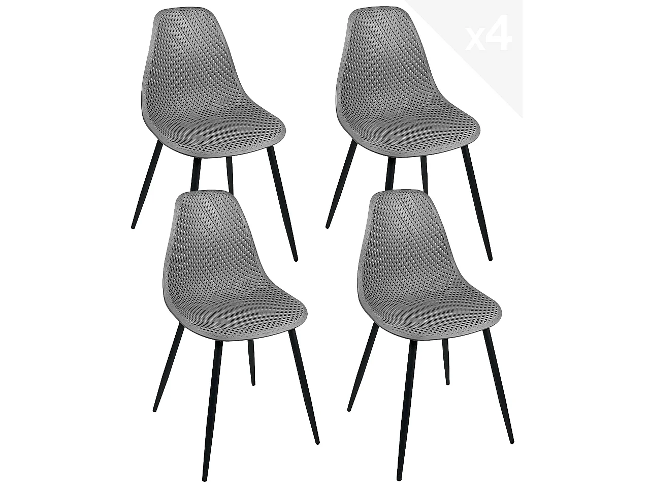 Lot 4 chaises de cuisine siège plastique souple nid d’abeille pieds métal OTA (noir gris)